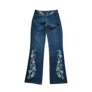 FOR JOSEPH Women's Dark Wash Denim Flare Jeans White Rose Embroidery Size 26